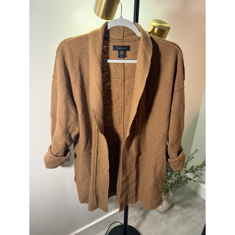 Tahari cardigan fall sustainable quality materials pockets camel tan MED warm ec